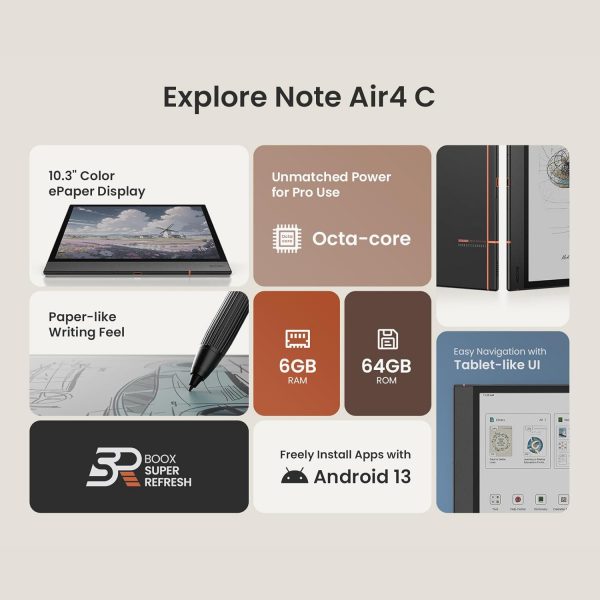 BOOX Tablette Note Air4 C 10,3 Pouces Couleur ePaper Bloc-notes 64 Go Android 13 E-Ink