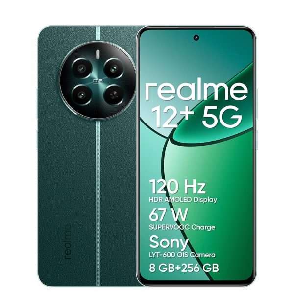 Smartphone 5G realme 12+, 8+256 Go, Appareil Photo Portrait Sony LYT-600 avec OIS, Processeur Dimensity 7050 5G, Écran AMOLED 120 Hz fluide, SUPERVOOC 67 W, avec une batterie