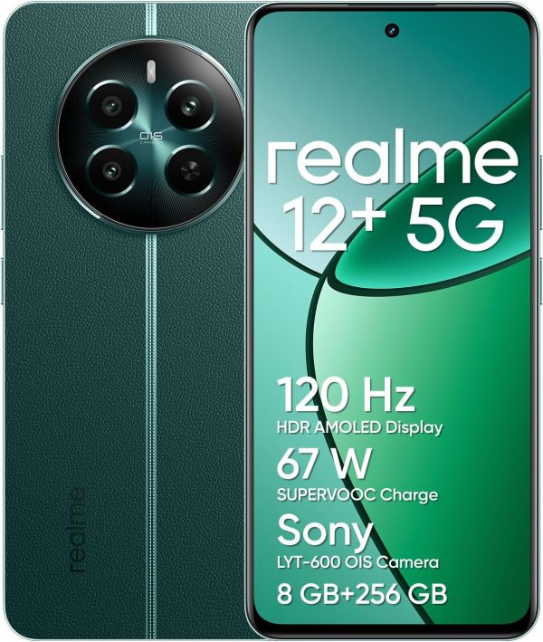 Smartphone 5G realme 12+, 8+256 Go, Appareil Photo Portrait Sony LYT-600 avec OIS, Processeur Dimensity 7050 5G, Écran AMOLED 120 Hz fluide, SUPERVOOC 67 W, avec une batterie