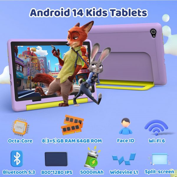 Tablette HotLight pour Enfant 10 Pouces Android 14, Tablette Enfants avec 8 Go + 64 Go (TF 1 To), Tablette Tactile Octa-Core, Applications Éducatives Pré-Installées, Contrôle...