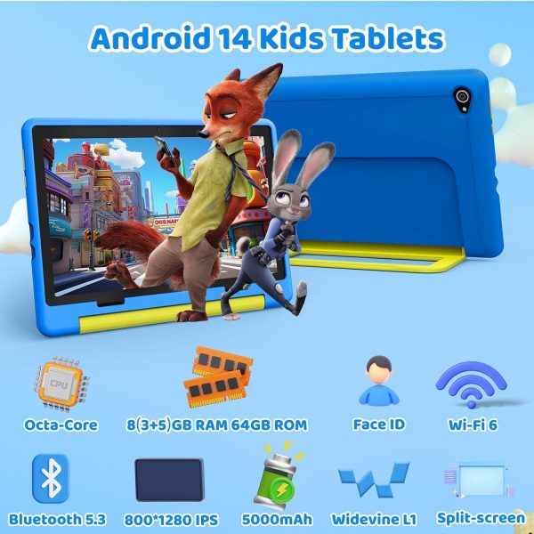 Tablette HotLight pour Enfant 10 Pouces Android 14, Tablette Enfants avec 8 Go + 64 Go (TF 1 To), Tablette Tactile Octa-Core, Applications Éducatives Pré-Installées, Contrôle...