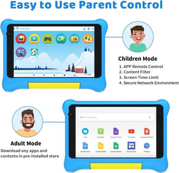 Tablette Yicty pour enfants de 7 pouces Android avec contrôle parental et éducation des enfants, Bluetooth, WiFi, double caméra, GMS, coque antichoc, application pour enfants