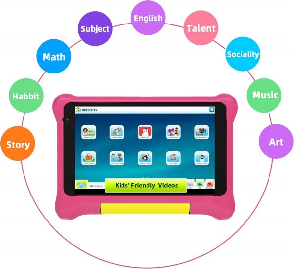 Tablette Yicty pour enfants de 7 pouces Android avec contrôle parental et éducation des enfants, Bluetooth, WiFi, double caméra, GMS, coque antichoc, application pour enfants