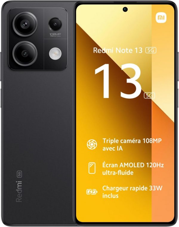 XIAOMI REDMI NOTE 13 5G Noir Graphite, Écran 6,67'', Smartphone Débloqué, Batterie mAh 5000, Mémoire ROM 256GO, RAM 8GO, Android 13, MediaTek Dimensity 6080, Gravure en 6nm,