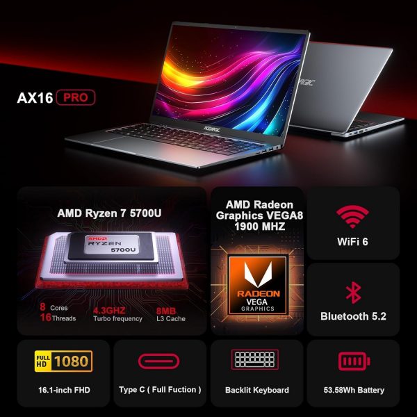 ACEMAGIC Gaming Ordinateur Portable avec Boîtier en Métal et Rétroéclairé, AMD Ryzen 7 5700U (8C/16T, jusqu'à 4,3 GHz) pour PC Portables Gamer, 16,1 Pouces FHD, 16Go DDR4, 512Go...