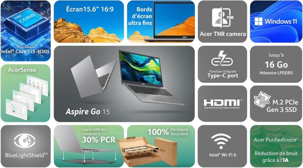 Acer Aspire Go 15 AG15-31P-342L, Ordinateur Portable 15,6'' Full HD LCD, PC Portable (Processeur Intel Core i3-N305, RAM 8 Go, SSD 512 Go, Graphiques Intel UHD, Windows 11),...