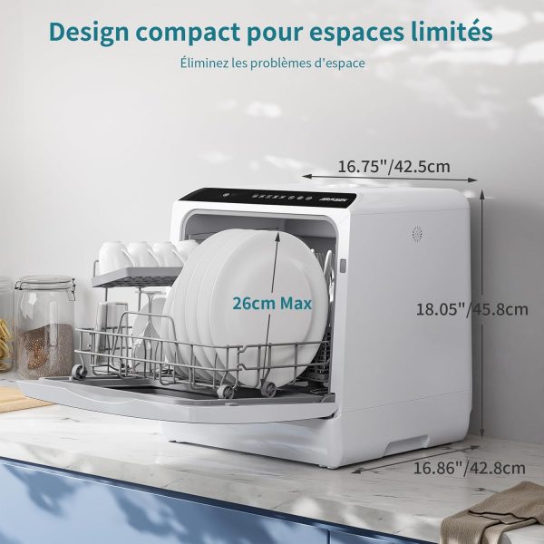 AIRMSEN Mini Lave-Vaisselle de Comptoir, 5+1 Programmes, Réservoir d'Eau de 5L, Contrôle Tactile et Écran LED, Adapté pour les Cuisines Familiales, Appartements et Dortoirs