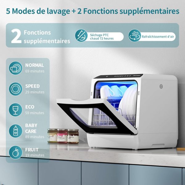 AIRMSEN Mini Lave-Vaisselle de Comptoir, 5+1 Programmes, Réservoir d'Eau de 5L, Contrôle Tactile et Écran LED, Adapté pour les Cuisines Familiales, Appartements et Dortoirs