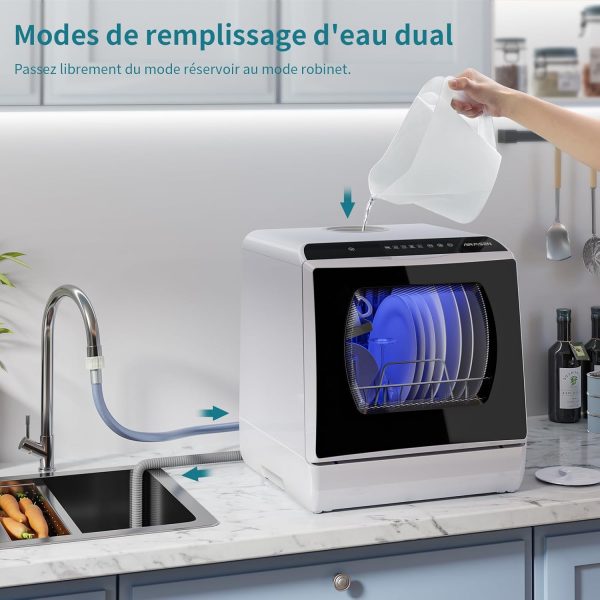 AIRMSEN Mini Lave-Vaisselle de Comptoir, 5+1 Programmes, Réservoir d'Eau de 5L, Contrôle Tactile et Écran LED, Adapté pour les Cuisines Familiales, Appartements et Dortoirs