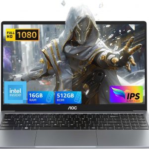 AOC Ordinateur Portable, Boîtier Métallique d'un PC Portable, 15,6 Pouces FHD 16 Go de DDR4 512 Go de SSD, processeur Intel Quad-Core N97 (6 Mo de cache, jusqu'à 3,60 GHz),...