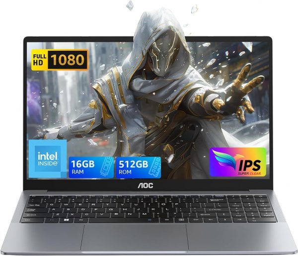 AOC Ordinateur Portable, Boîtier Métallique d'un PC Portable, 15,6 Pouces FHD 16 Go de DDR4 512 Go de SSD, processeur Intel Quad-Core N97 (6 Mo de cache, jusqu'à 3,60 GHz),...