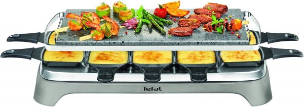 Appareil à raclette et pierrade Tefal, fonte parfaite du fromage, jusqu'à 10 personnes, pierre de lave naturelle, rangement des accessoires sous l'appareil, inox et design raclette