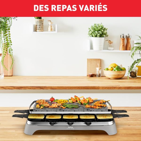 Appareil à raclette et pierrade Tefal, fonte parfaite du fromage, jusqu'à 10 personnes, pierre de lave naturelle, rangement des accessoires sous l'appareil, inox et design raclette