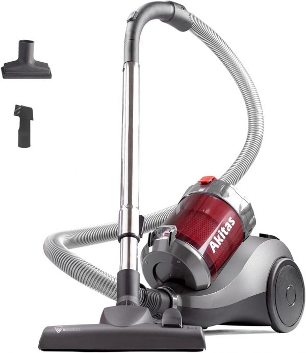 Aspirateur cylindrique puissant Akitas 800W sans sac avec tête de buse allemande Wessel Werk pour sols durs et tapis