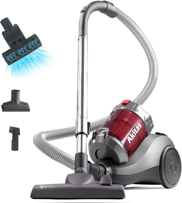 Aspirateur cylindrique puissant Akitas 800W sans sac avec tête de buse allemande Wessel Werk pour sols durs et tapis