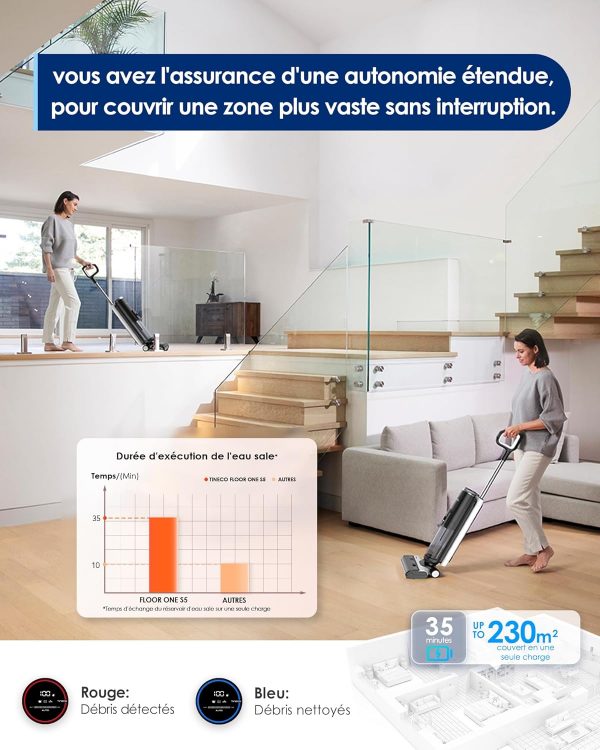 Aspirateur Eau et Poussière sans Fil Tineco Floor One S5 Intelligent pour sols durs, écran Digital, Longue autonomie, Parfait pour les saletés collantes et les poils d’animaux