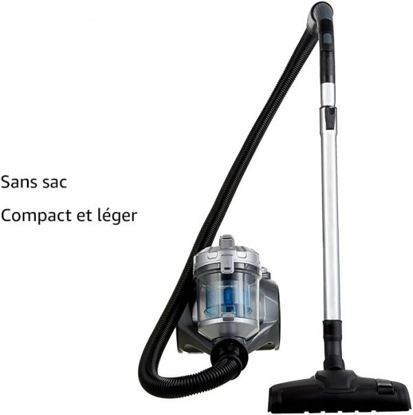 Aspirateur sans sac à cylindre Amazon Basics 15KC-71EU4, puissant pour sols durs et tapis, filtre HEPA, compact et léger, 700 W, 1,5 L, noir/bleu