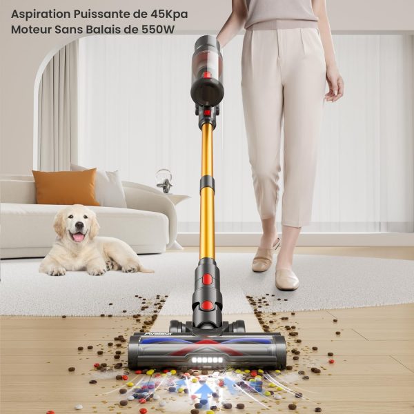 Avalsor 550W/45Kpa Aspirateur Balai sans Fil, 65 Minutes Aspirateur Sans Fil Puissant avec Écran Tactile OLED et Brosse à Sol Anti-emmêlement, 1,5L Aspirateur Balai pour Les Poils