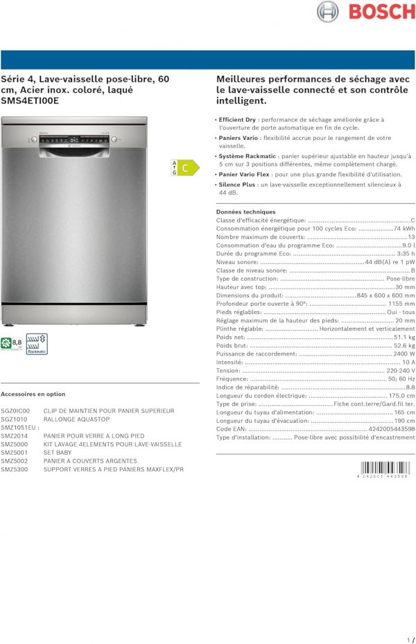 Bosch SMS4ETI00E - Série 4 - Lave-vaisselle pose-libre - 60 cm - 13 couverts - Silence Plus 44 dB - Acier inox