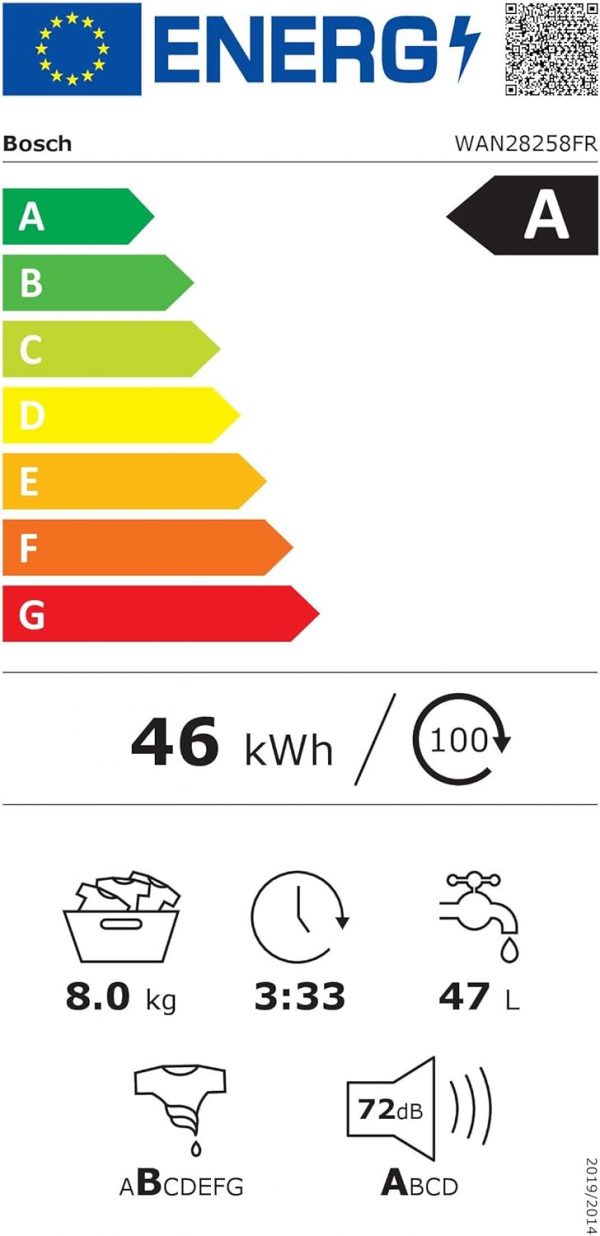 Bosch WAN28258FR, Série 4, Lave-linge hublot, 8 kg, 1400 trs/min, Blanc