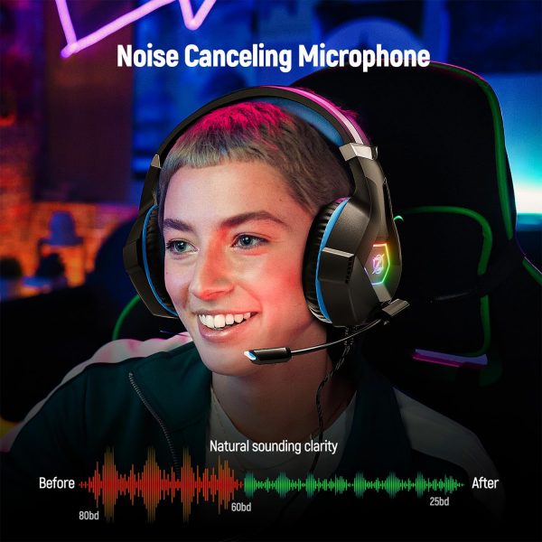 Casque Gaming Ozeino pour PS5 PC PS4, Casque Gamer avec Micro RGB 7 Couleurs, Transducteurs 50mm Stéréo Basse, Micro Anti-Bruit Réglable Compatible avec Switch Xbox Series X &