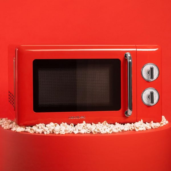 Cecotec Micro-Ondes Mécanique Proclean 3010 Rouge Rétro 20 L. 700 W sur 6 Niveaux, Minuterie jusqu'à 30 Minutes, Mode Décongélation, Design Vintage en Rouge, Finitions Acier