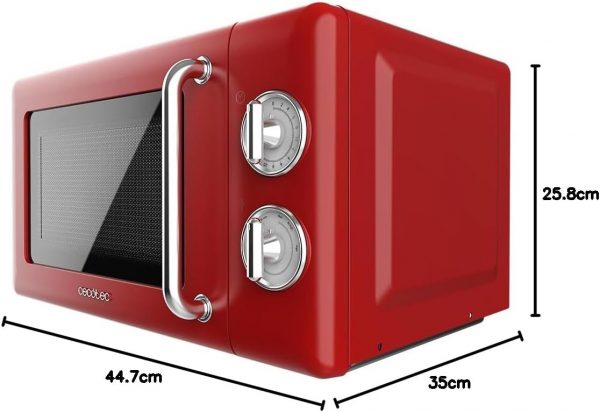 Cecotec Micro-Ondes Mécanique Proclean 3010 Rouge Rétro 20 L. 700 W sur 6 Niveaux, Minuterie jusqu'à 30 Minutes, Mode Décongélation, Design Vintage en Rouge, Finitions Acier