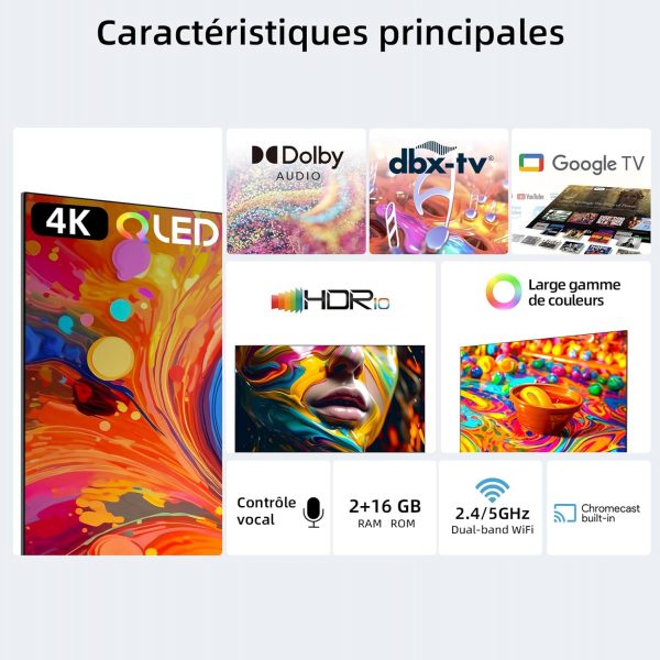 CHIQ 43 Pouces 4K QLED Smart TV, UHD Large Gamme de Couleurs avec HDR, Chromecast intégré, Dolby Audio, DBX-TV, Bluetooth 5.0, Wi-Fi Double Bande, Modèle U43QM8E 2023