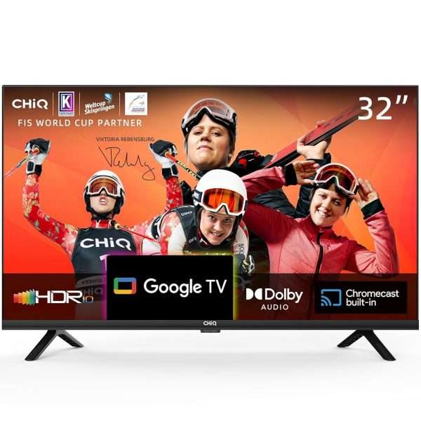 CHIQ L32H7G TV Smart de 32 pouces HD LED au design sans cadre HDR, Google TV, Google Assistant, Chromecast intégré, Dolby Audio, WiFi, Bluetooth, HDMI, USB 2.0, CI+ 2023