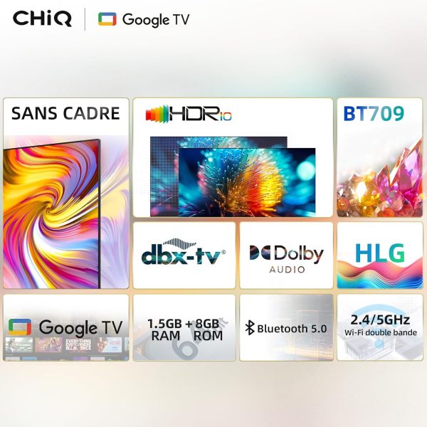 CHIQ L32H7G TV Smart de 32 pouces HD LED au design sans cadre HDR, Google TV, Google Assistant, Chromecast intégré, Dolby Audio, WiFi, Bluetooth, HDMI, USB 2.0, CI+ 2023