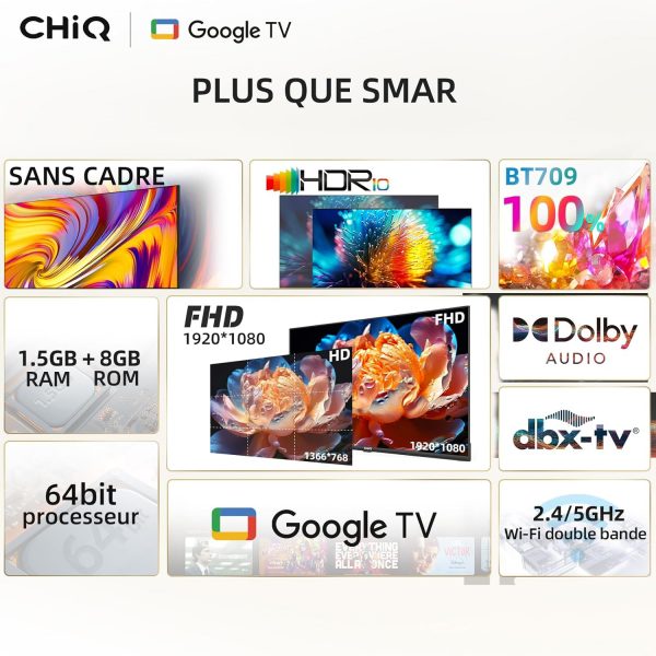 CHIQ L40H7G Téléviseur Intelligent 40 Pouces, Full HD 1080P Design Slim Google TV, Assistant Google, Chromecast intégré HDR10&HLG, Mode Audio Dolby Triple Tuner Vidéo 2023