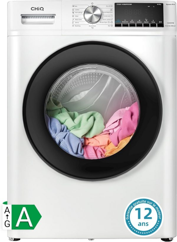 CHiQ Lave-linge CFL80-14586IM3XWA, Chargement frontal 8 kg, Space Pro, Moteur Inverter stable, 1400 tr/min, Programme intelligent à IA, Fonction vapeur, Lavage rapide 15 minutes