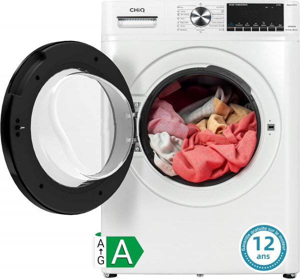 CHiQ Lave-linge CFL80-14586IM3XWA, Chargement frontal 8 kg, Space Pro, Moteur Inverter stable, 1400 tr/min, Programme intelligent à IA, Fonction vapeur, Lavage rapide 15 minutes