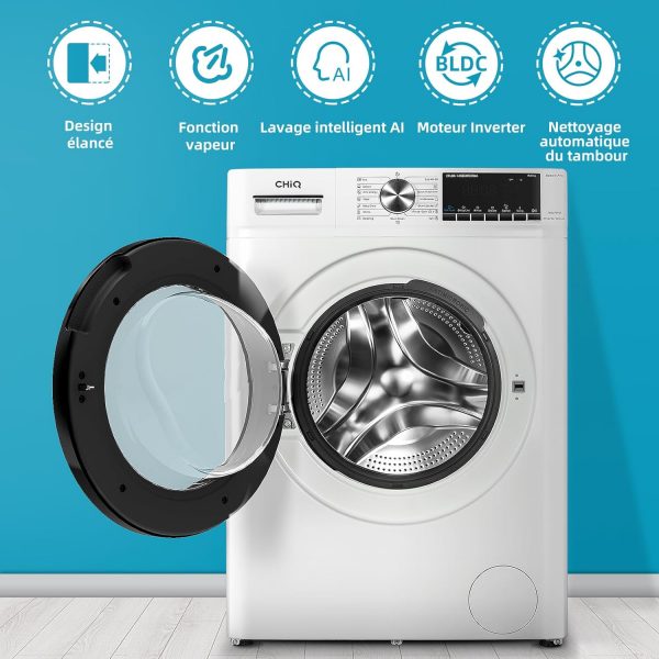 CHiQ Lave-linge CFL80-14586IM3XWA, Chargement frontal 8 kg, Space Pro, Moteur Inverter stable, 1400 tr/min, Programme intelligent à IA, Fonction vapeur, Lavage rapide 15 minutes