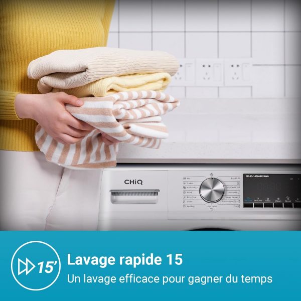 CHiQ Lave-linge CFL80-14586IM3XWA, Chargement frontal 8 kg, Space Pro, Moteur Inverter stable, 1400 tr/min, Programme intelligent à IA, Fonction vapeur, Lavage rapide 15 minutes