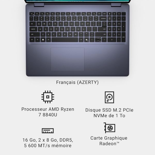 Dell Inspiron 16 5645 Ordinateur Portable, Processeur AMD Ryzen 7-8840U, Écran 16'' FHD+, 16Go RAM, 1 To SSD, Graphique AMD UMA, Windows 11 Home - Clavier rétroéclairé Français