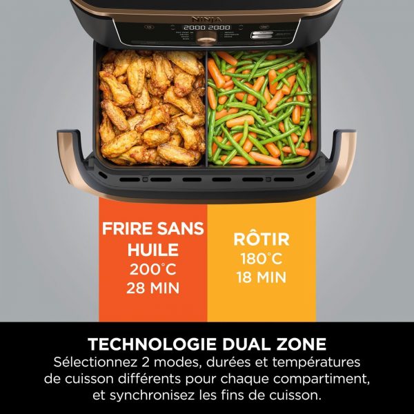 Friteuse à air Ninja Foodi FlexDrawer, double zone avec séparateur amovible, grand tiroir de 10,4 L, 7-en-1, double zone, pièces antiadhésives compatibles au lave-vaisselle, noir &