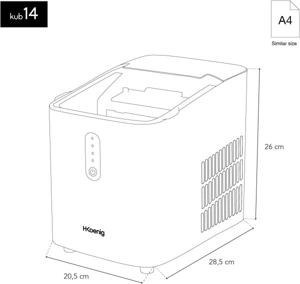 H.Koenig Machine à Glaçons KUB14, 12kg en 24h, 2 tailles de glaçons, automatique, électrique, compacte, portable, silencieuse 1L, prête en 7 minutes