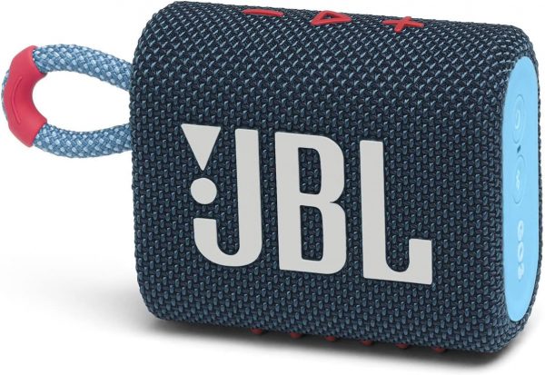 JBL GO 3 – Enceinte Bluetooth portable et légère, aux basses intenses et au style audacieux – Étanche à l’eau et à la poussière – Autonomie de 5 heures – Bleu / Rose