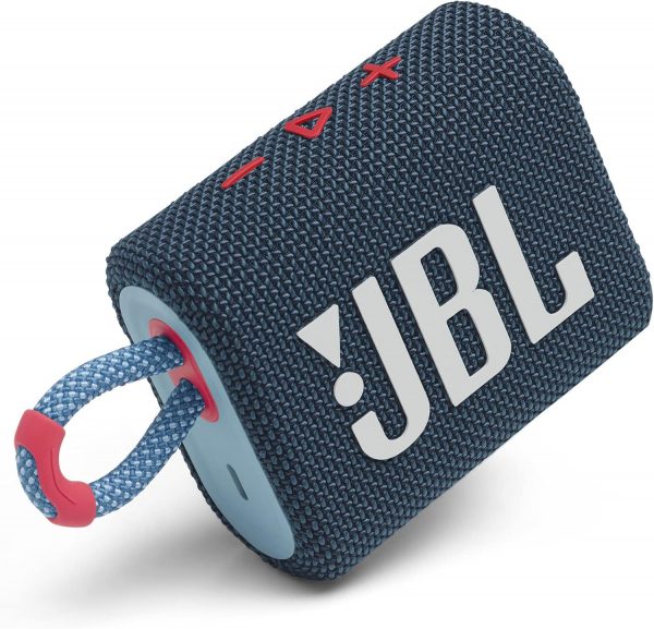 JBL GO 3 – Enceinte Bluetooth portable et légère, aux basses intenses et au style audacieux – Étanche à l’eau et à la poussière – Autonomie de 5 heures – Bleu / Rose