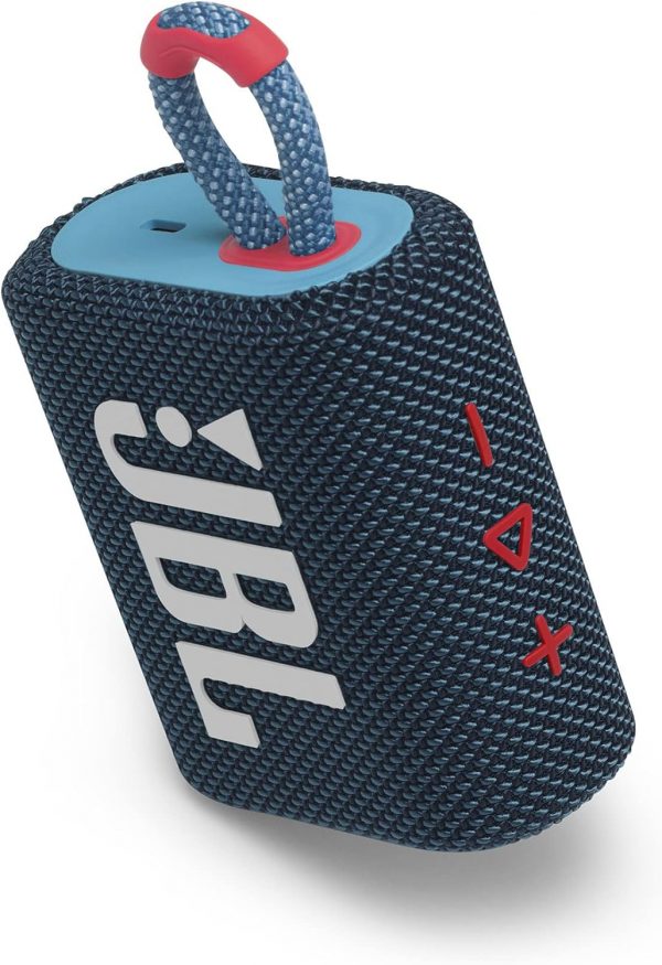 JBL GO 3 – Enceinte Bluetooth portable et légère, aux basses intenses et au style audacieux – Étanche à l’eau et à la poussière – Autonomie de 5 heures – Bleu / Rose