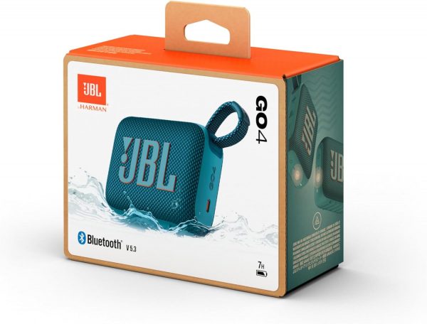 JBL GO 4, Enceinte Bluetooth ultra-portable, son JBL Pro, basses percutantes, 7 heures d'autonomie, fonction Playtime Boost, résistante à l'eau et à la poussière IP67, en bleu