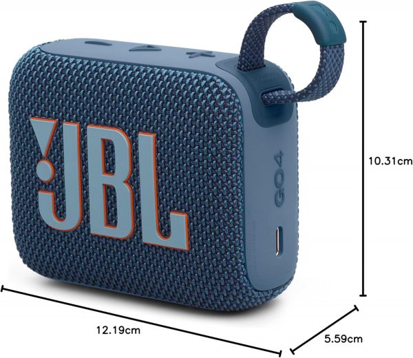 JBL GO 4, Enceinte Bluetooth ultra-portable, son JBL Pro, basses percutantes, 7 heures d'autonomie, fonction Playtime Boost, résistante à l'eau et à la poussière IP67, en bleu