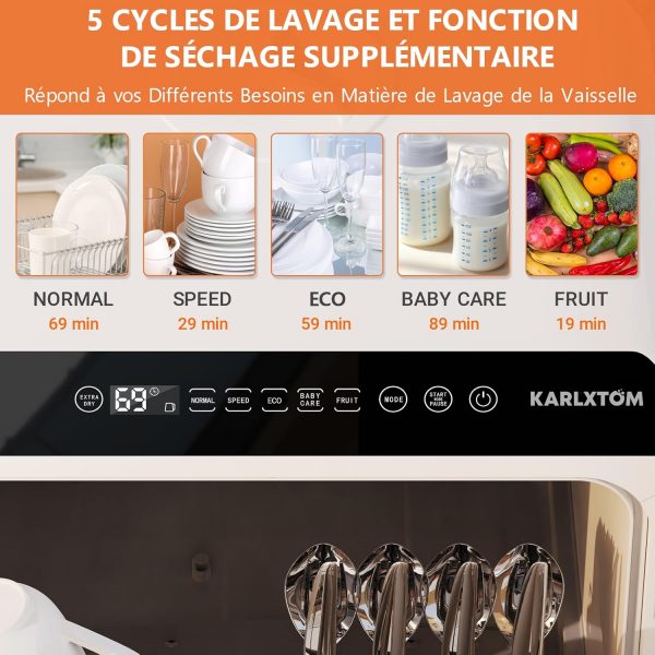 Karlxtom Lave-vaisselle de table, Mini Lave-vaisselle avec commandes tactiles à LED, 45CM, 6 programmes, lavage des fruits, soins pour bébés