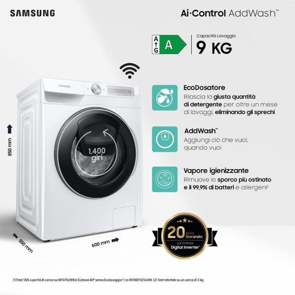 Lave-linge Samsung Ai Control Addwash avec échodoseur WW90T684DLH/S3, libre installation, 9 kg, 1400 tr/min, classe A, WiFi, vapeur, dimensions 60 l x 85 h x 55 p cm, blanc