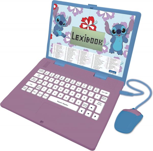 Lexibook, Disney Stitch, ordinateur éducatif bilingue FRANÇAIS/Anglais, jouet pour enfants avec 124 activités pour apprendre, s'amuser et jouer du piano, bleu/violet, JC598Di1