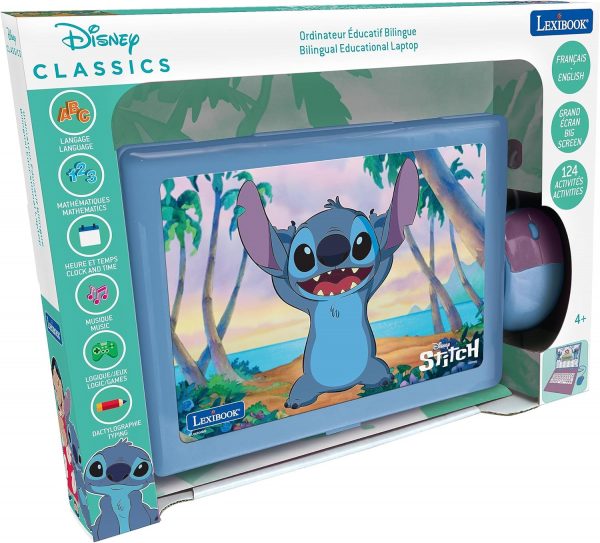 Lexibook, Disney Stitch, ordinateur éducatif bilingue FRANÇAIS/Anglais, jouet pour enfants avec 124 activités pour apprendre, s'amuser et jouer du piano, bleu/violet, JC598Di1