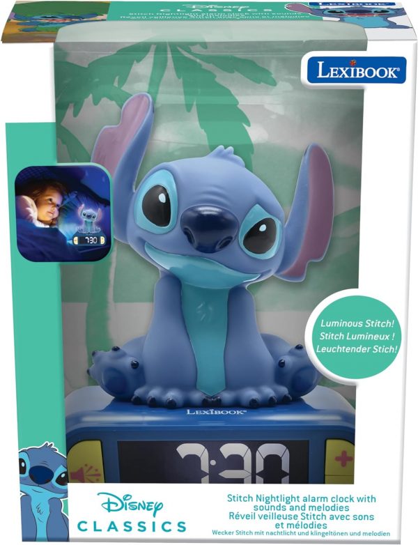 Lexibook, Disney Stitch, Réveil veilleuse Stitch, Personnage lumineux, Choix de 6 alarmes, 6 effets sonores, Écran LCD rétro-éclairé, Snooze, Bleu, RL800D