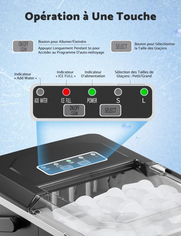 Machine à glaçons, 12 kg en 24 h, 9 glaçons en 6-8 minutes, machine à glaçons avec cuillère à glace réversible et poignée de transport, pour la maison/cuisine/camping