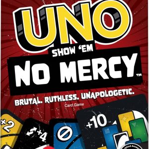 Mattel Games Uno No Mercy Jeu de cartes familial avec 56 cartes supplémentaires, règles spéciales, cartes action redoutables, pénalités plus sévères, jouet enfant, dès 7 ans, HWV18